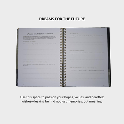 Open spiral-bound planner titled 'Dreams for the Future' on a white background.