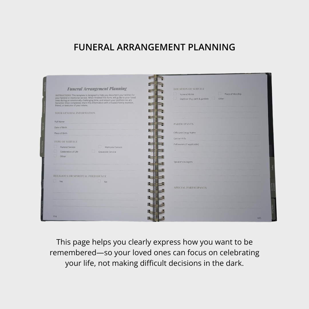 Open book titled 'Funeral Arrangement Planning' on a white background