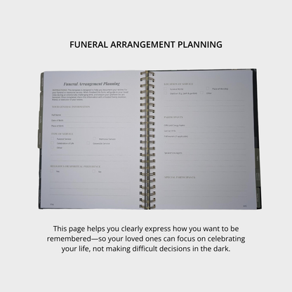 Open book titled 'Funeral Arrangement Planning' on a white background