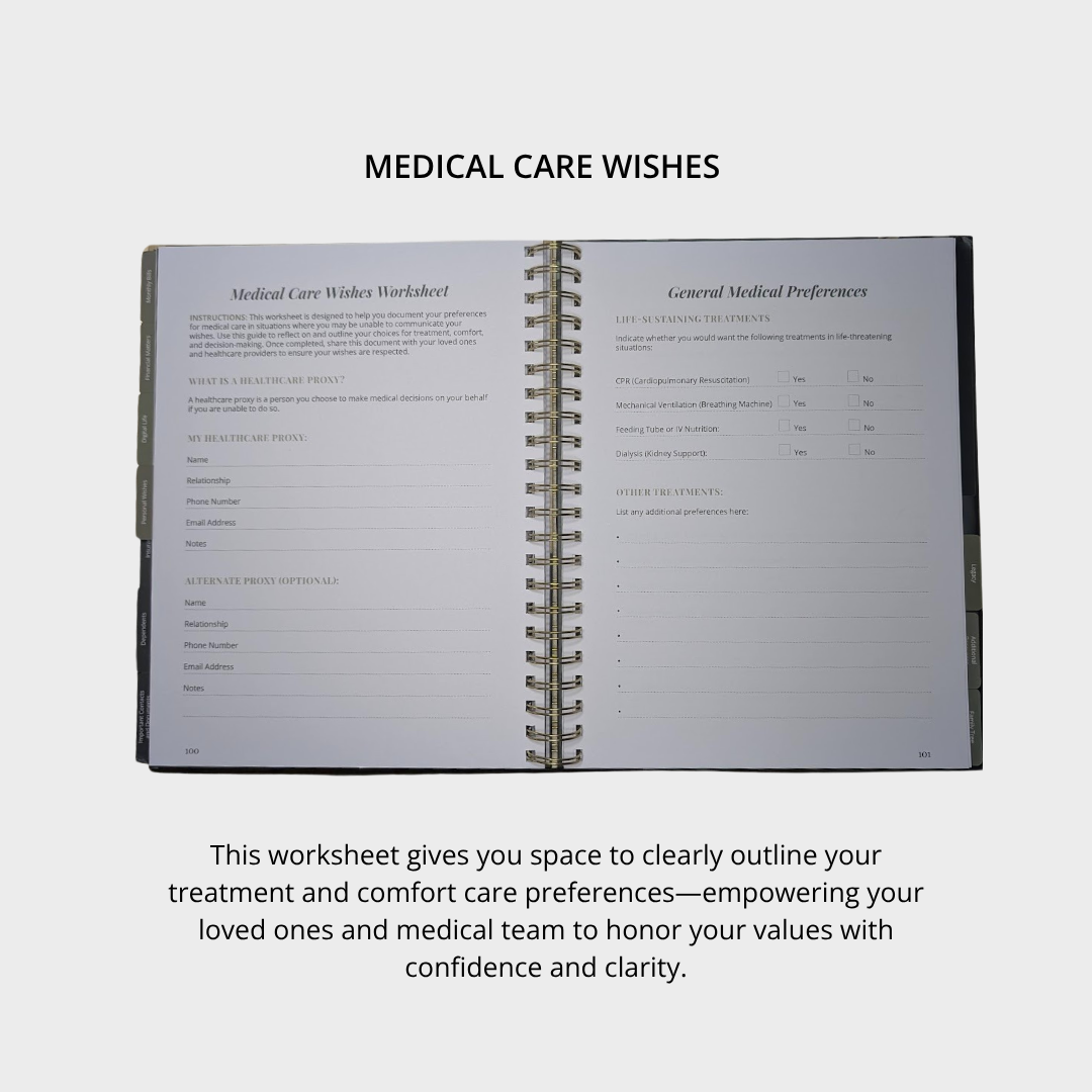 Open spiral-bound planner with medical care wishes worksheet on a white background