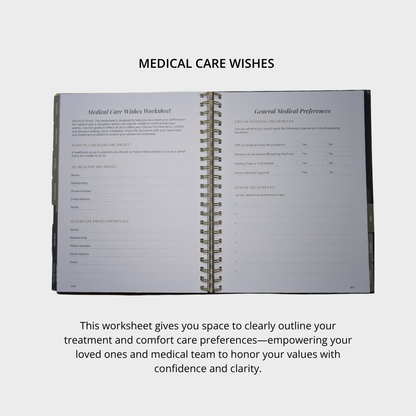 Open spiral-bound planner with medical care wishes worksheet on a white background